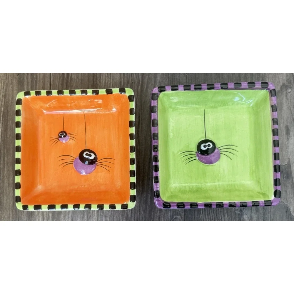 Set Of 2 Halloween Small Desert Plates Spider Web‎ Purple Green Orange
